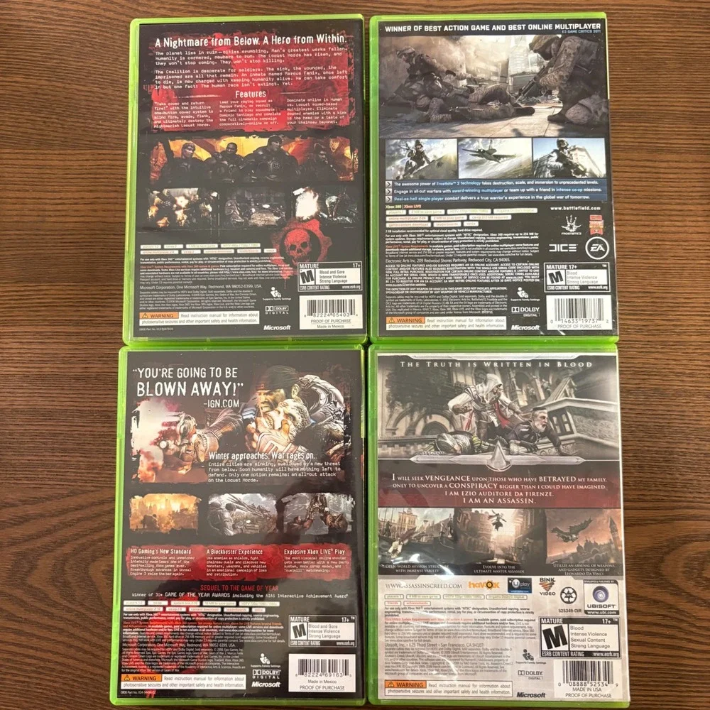 Xbox 360 Game Lot Gears of War 1 & 2 Battlefield 3‎ Assassin's Creed II Bundle